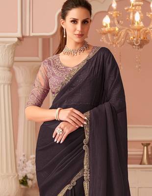 Dark wine georgette saree with heavy embroidered blouse and designer lace border  for weddings & special occasions 3