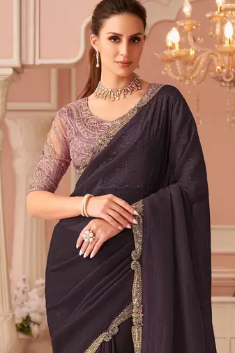Dark wine georgette saree with heavy embroidered blouse and designer lace border  for weddings & special occasions