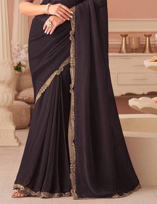 Dark wine georgette saree with heavy embroidered blouse and designer lace border  for weddings & special occasions 4