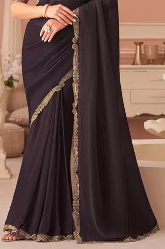 Dark wine georgette saree with heavy embroidered blouse and designer lace border  for weddings & special occasions