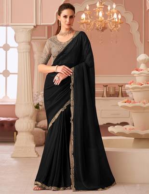 Black georgette saree with heavy embroidered blouse and designer lace border  for weddings, festive celebrations 1