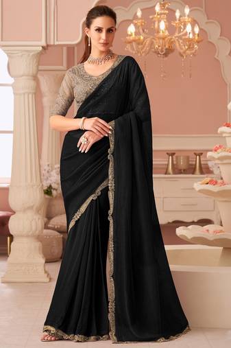 Black georgette saree with heavy embroidered blouse and designer lace border  for weddings, festive celebrations