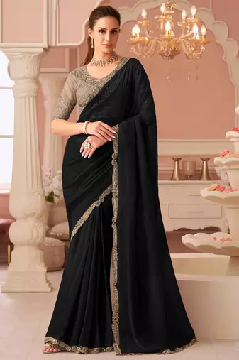 Black georgette saree with heavy embroidered blouse and designer lace border  for weddings, festive celebrations
