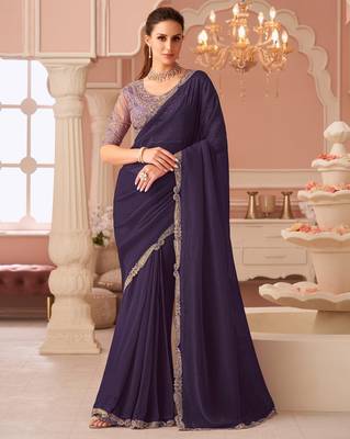 Purple georgette saree with heavy embroidered blouse and designer lace border  for weddings, festive celebrations 1