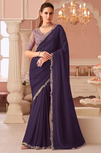 Purple georgette saree with heavy embroidered blouse and designer lace border  for weddings, festive celebrations