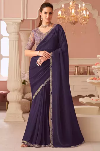 Purple georgette saree with heavy embroidered blouse and designer lace border  for weddings, festive celebrations