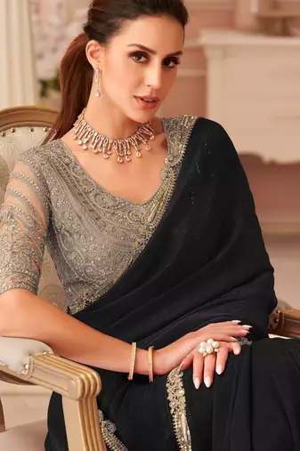 Black georgette saree with heavy embroidered blouse and designer lace border  for weddings, festive celebrations