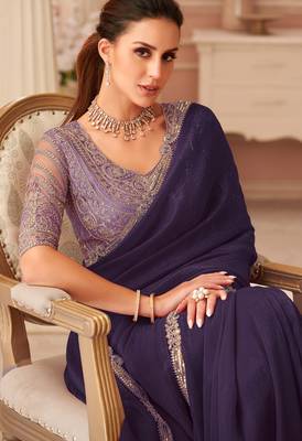 Purple georgette saree with heavy embroidered blouse and designer lace border  for weddings, festive celebrations 2