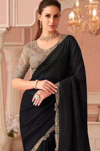 Black georgette saree with heavy embroidered blouse and designer lace border  for weddings, festive celebrations