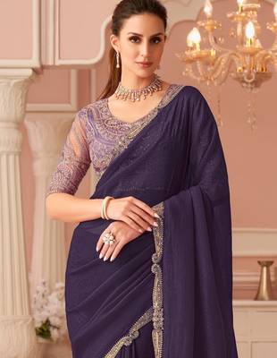 Purple georgette saree with heavy embroidered blouse and designer lace border  for weddings, festive celebrations 3