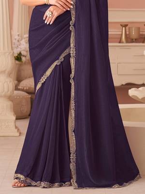 Purple georgette saree with heavy embroidered blouse and designer lace border  for weddings, festive celebrations 4
