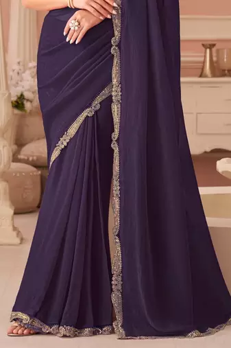 Purple georgette saree with heavy embroidered blouse and designer lace border  for weddings, festive celebrations
