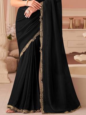Black georgette saree with heavy embroidered blouse and designer lace border  for weddings, festive celebrations 4