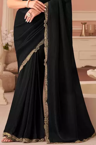 Black georgette saree with heavy embroidered blouse and designer lace border  for weddings, festive celebrations