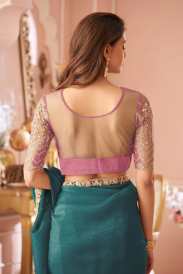 Teal green georgette saree with heavy embroidered blouse and lace border  for weddings, festive & special occasions 3
