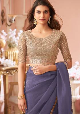 Light indigo georgette saree with heavy embroidered blouse and designer lace border  for weddings, festive 4