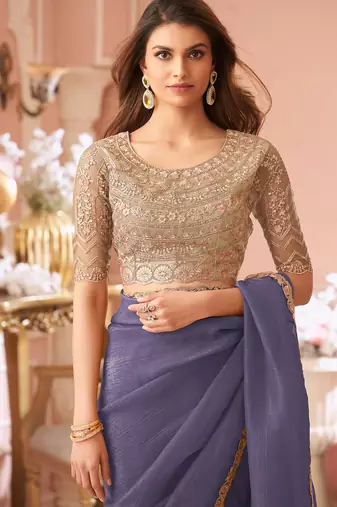 Light indigo georgette saree with heavy embroidered blouse and designer lace border  for weddings, festive