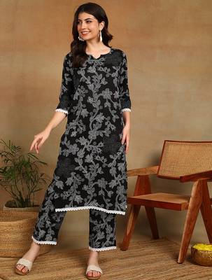 s black printed rayon kurta with trousers and lace detailing 5