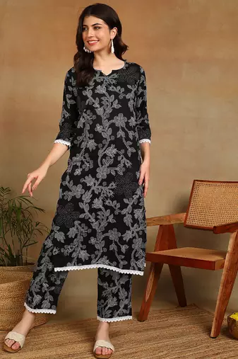 s black printed rayon kurta with trousers and lace detailing