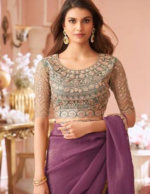 Wine georgette saree with heavy embroidered blouse and designer lace border  for weddings, festive, special occasions 3