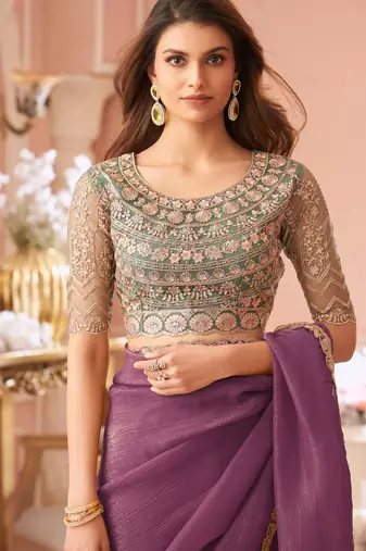 Wine georgette saree with heavy embroidered blouse and designer lace border  for weddings, festive, special occasions