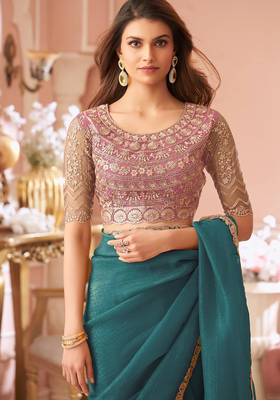Teal green georgette saree with heavy embroidered blouse and lace border  for weddings, festive & special occasions 4