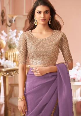 Light purple georgette saree with heavy embroidered blouse and designer lace border  for weddings & special occasions 4
