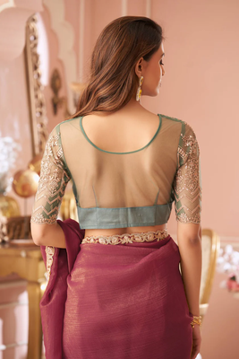 Dark pink georgette saree with heavy embroidered blouse and designer lace border  for weddings & special occasions 4