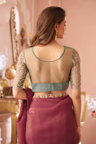 Dark pink georgette saree with heavy embroidered blouse and designer lace border  for weddings & special occasions