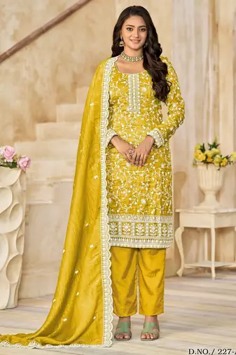 Yellow organza crush semi stitched suit with embroidery work