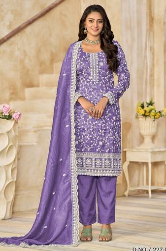 Purple organza crush semi stitched suit with embroidery work