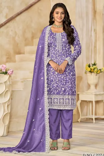 Purple organza crush semi stitched suit with embroidery work