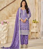 Purple organza crush semi stitched suit with embroidery work