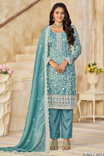 Aqua blue organza crush semi stitched suit with embroidery work