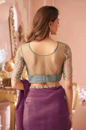 Wine georgette saree with heavy embroidered blouse and designer lace border  for weddings, festive, special occasions