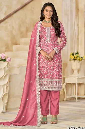 Pink organza crush semi stitched suit with embroidery work