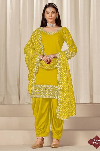Yellow roman silk semi stitched suit with embroidery & real mirror work