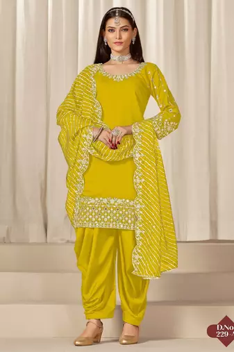 Yellow roman silk semi stitched suit with embroidery & real mirror work