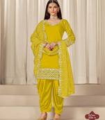 Yellow roman silk semi stitched suit with embroidery & real mirror work