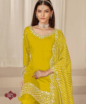 Yellow roman silk suit with embroidered real mirror  2