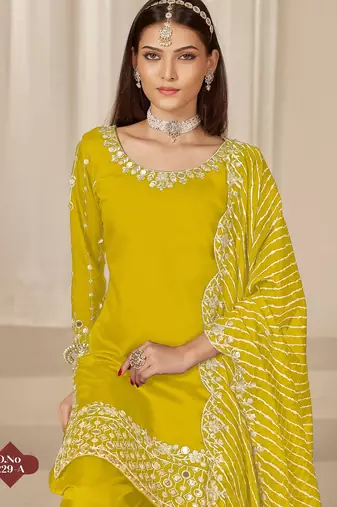 Yellow roman silk suit with embroidered real mirror 