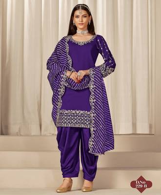 Purple roman silk semi stitched suit with embroidery & real mirror work 1