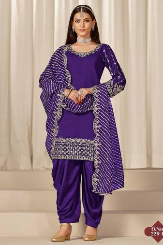 Purple roman silk semi stitched suit with embroidery & real mirror work