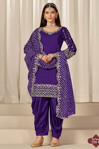 Purple roman silk semi stitched suit with embroidery & real mirror work