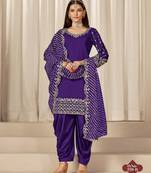 Purple roman silk semi stitched suit with embroidery & real mirror work