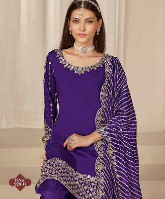 Purple roman silk semi stitched suit with embroidery & real mirror work 2