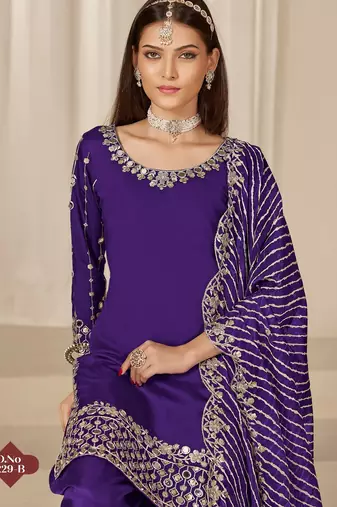 Purple roman silk semi stitched suit with embroidery & real mirror work