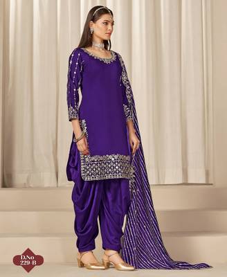 Purple roman silk semi stitched suit with embroidery & real mirror work 3