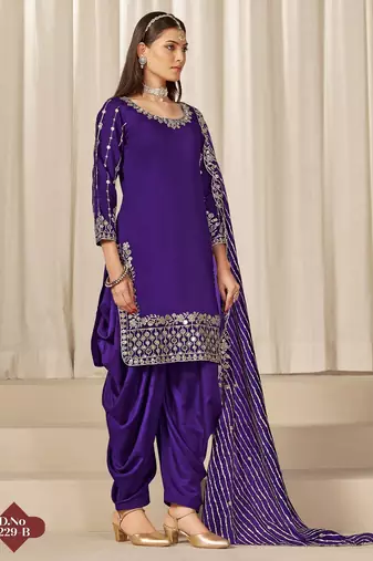 Purple roman silk semi stitched suit with embroidery & real mirror work