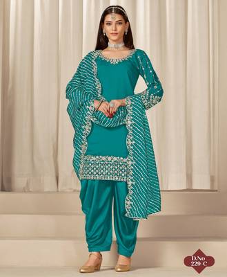 Turquoise roman silk suit with embroidered real mirror  1